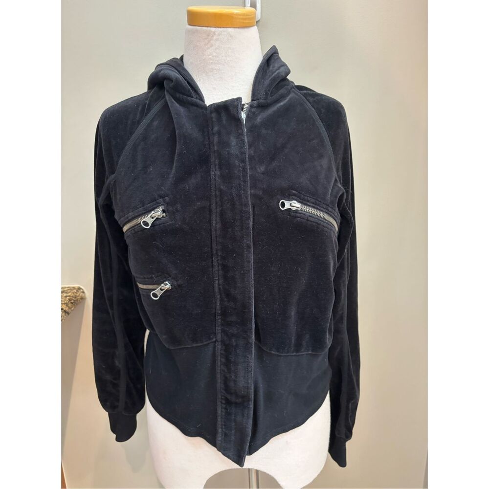Essentials by A.B.S L Cotton Black velour zip front multi zippered hoodie